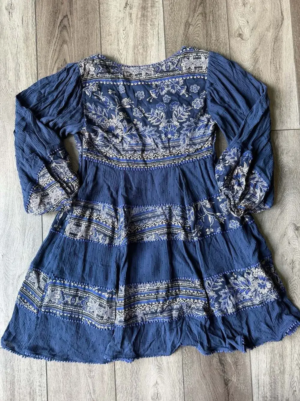 Free People My Love Peasant Boho Dress Indigo Blue Embroidered Paisley S